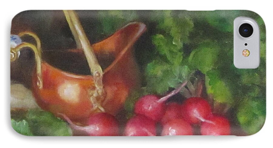 Copper iPhone 7 Case featuring the painting Copper Pot and Radishes Still Life Painting by Cheri Wollenberg