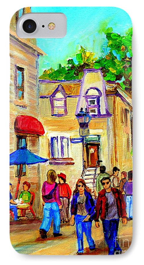 Street Scenes iPhone 7 Case featuring the painting Cozy Dinner Under Blue Umbrella Summer Stroll Prince Arthur Montreal Paintings Carole Spandau by Carole Spandau