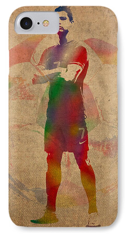 Cristiano Ronaldo iPhone 7 Case featuring the mixed media Cristiano Ronaldo Soccer Football Player Portugal Real Madrid Watercolor Painting on Worn Canvas by Design Turnpike
