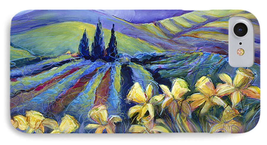 Jen Norton iPhone 7 Case featuring the painting Daffodils and Stormclouds by Jen Norton