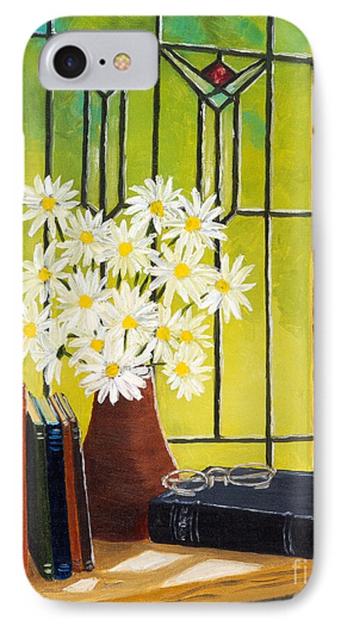 Stained Glass iPhone 7 Case featuring the painting Daisies and Stained Glass Window by Val Miller