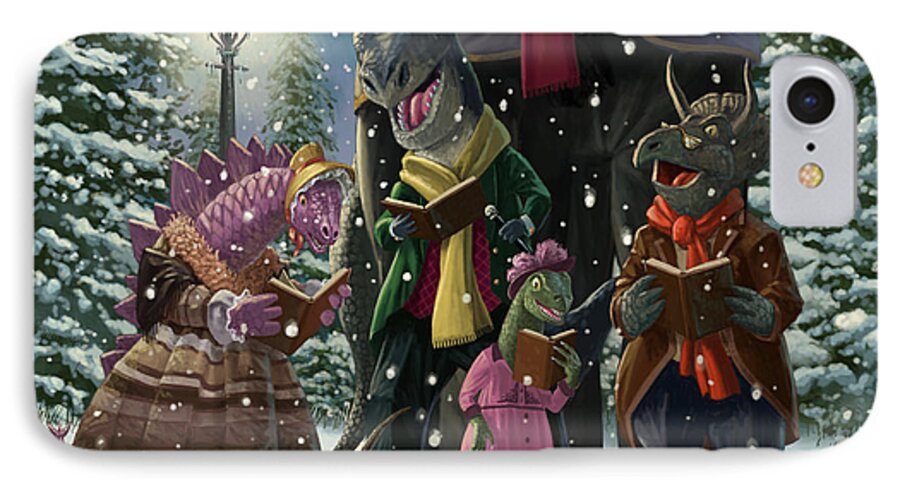 Christmas iPhone 7 Case featuring the painting Dinosaur Carol Singers by Martin Davey