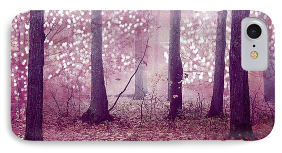 Woodlands iPhone 7 Case featuring the photograph Dreamy Surreal Sparkling Twinkling Lights Pink Mauve Woodlands Tree Nature by Kathy Fornal