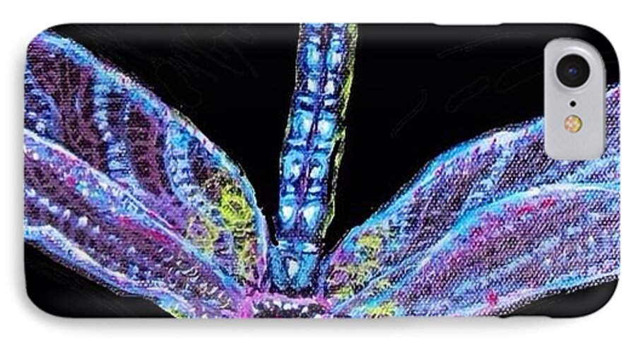 Nature Paintings Blue Dragonfly Paintings With Black Background Blue Ethereal Looking Wings Of A Dragonfly Illuminated Acrylic Paintings iPhone 7 Case featuring the painting Ethereal Wings of Blue by Kimberlee Baxter