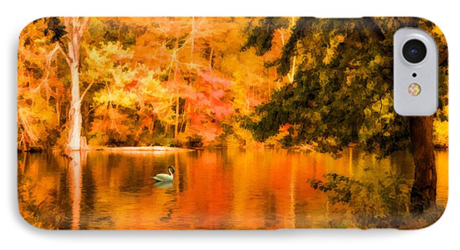 Autumn. Fall. Autumn Landscape. Autumn Colors. Lake. Water. Nature. White Swan. Woods. Forest. Trees. Photography. Print. Poster. Digital Art. Fine Art. Painting. Canvas. Greeting Card. Thanksgiving Greeting Card. Birthday Card.nature. Wildlife. Duck. Bird. iPhone 7 Case featuring the photograph Fall Swan by Mary Timman