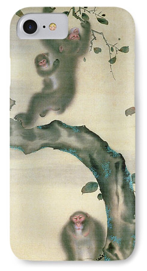 Monkey iPhone 7 Case featuring the painting Family Of Monkeys In A Tree by Japanese School