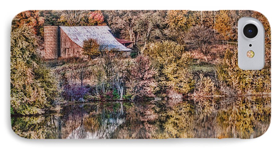 Farm. Autumn. Fall. Barn. Silo. Architecture. Vintage. Fall Colors. Trees. Woods. Water. Lake. Pond. Hills. Cloudy Skies. Reflection. Photography. Digital Art. Fine Art. Poster. Canvas. Texture. Print. Greeting Card. Thanksgiving. Nature. Wildlife. Autumn Landscape. iPhone 7 Case featuring the photograph Farm all Nestled In by Mary Timman