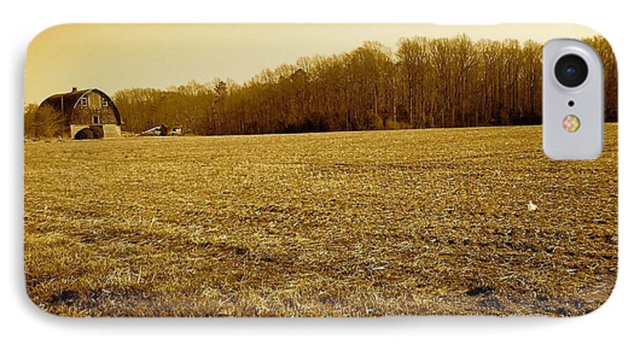Farm iPhone 7 Case featuring the photograph Farm Field With Old Barn in Sepia by Chris W Photography AKA Christian Wilson