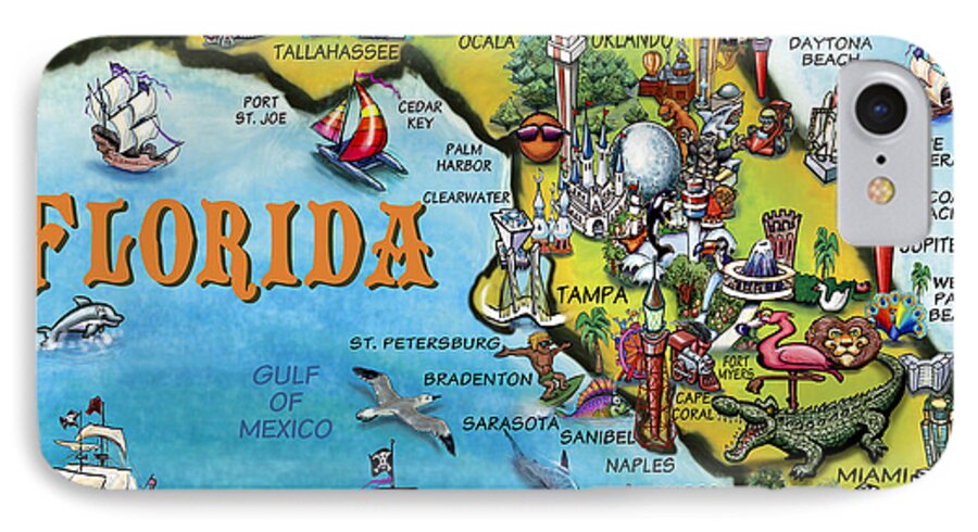 Florida iPhone 7 Case featuring the digital art Florida Cartoon Map by Kevin Middleton