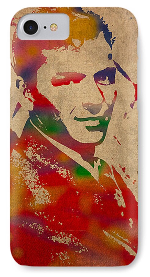 Frank iPhone 7 Case featuring the mixed media Frank Sinatra Watercolor Portrait on Worn Distressed Canvas by Design Turnpike