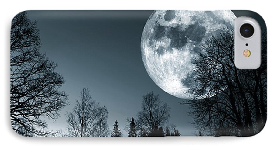 Moon iPhone 7 Case featuring the photograph Full Moon Over Dark Forest by Christian Lagereek