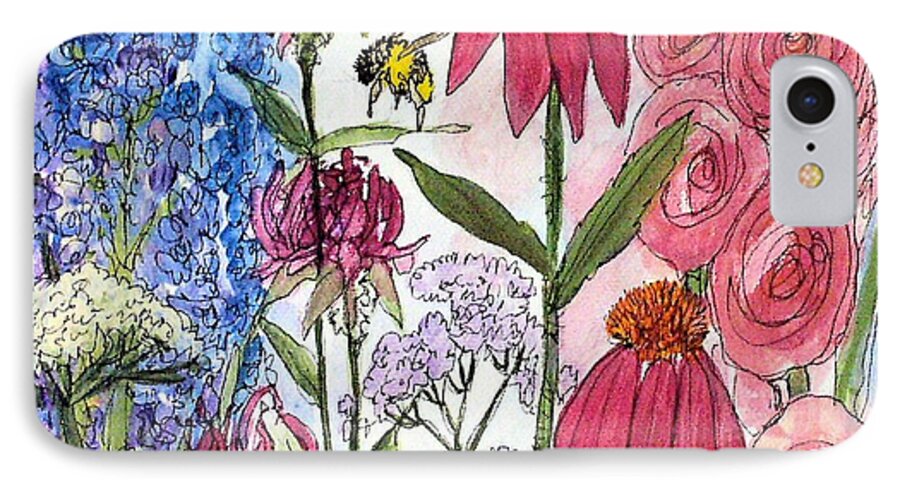 Acrylic On Canvas iPhone 7 Case featuring the painting Garden Flower and Bees by Laurie Rohner