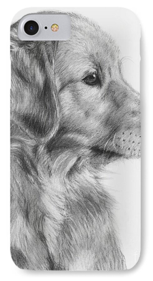 Golden Retriever iPhone 7 Case featuring the drawing Golden Retriever Puppy in Charcoal One by Kate Sumners