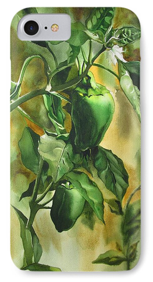 Green iPhone 7 Case featuring the painting Green peppers from our garden by Alfred Ng
