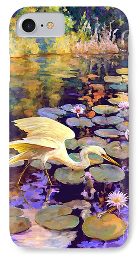 Water Bird iPhone 7 Case featuring the painting Heron in Lily Pond by David Van Hulst