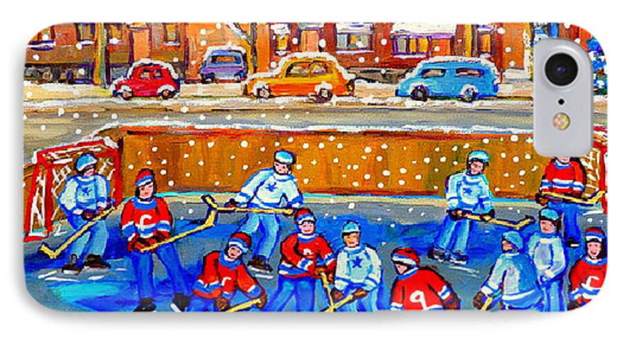 Montreal iPhone 7 Case featuring the painting Hockey Art Collectible Cards And Prints Snowy Day Neighborhood Rinks Verdun Montreal Art C Spandau by Carole Spandau