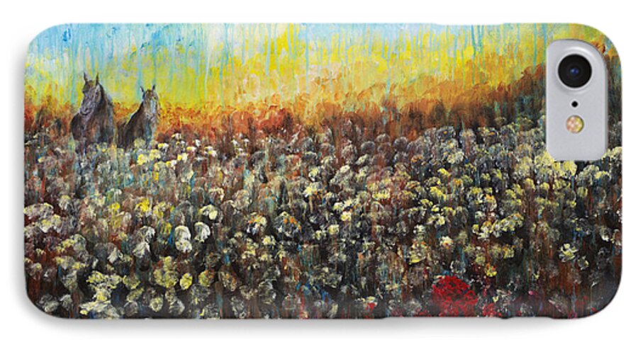 Horses iPhone 7 Case featuring the painting Horses and Dandelions by Nik Helbig