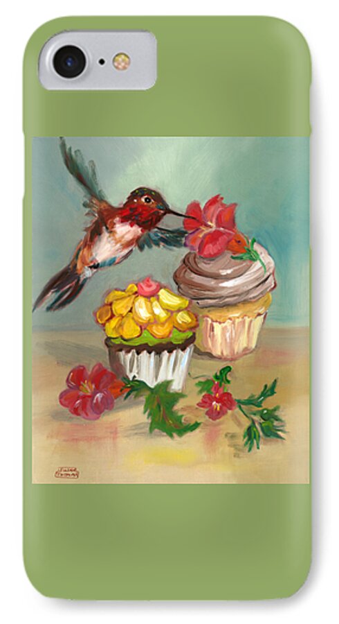 Hummingbird iPhone 7 Case featuring the painting hummingbird with 2 Cupcakes by Susan Thomas