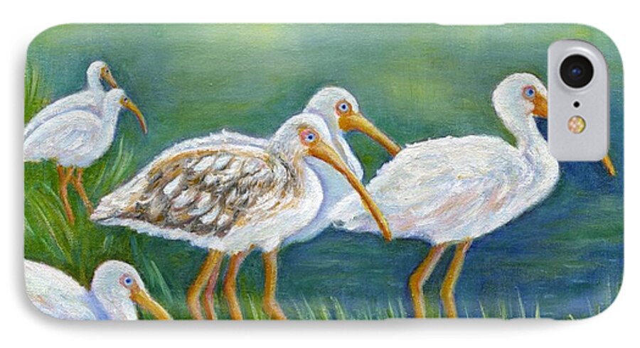 Water Birds iPhone 7 Case featuring the painting Ibis Flock with Juvenile by Jeanne Juhos
