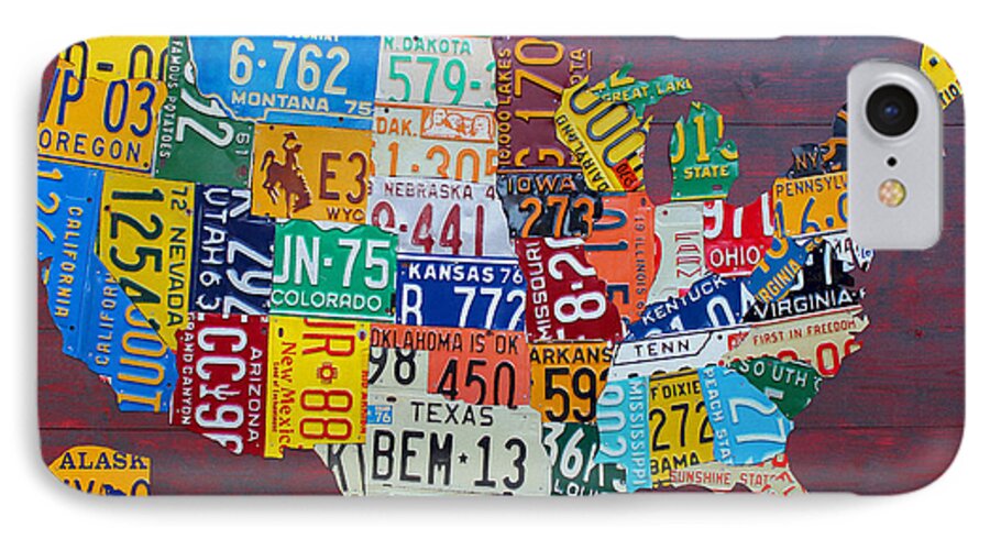 Art iPhone 7 Case featuring the mixed media License Plate Map of The United States by Design Turnpike