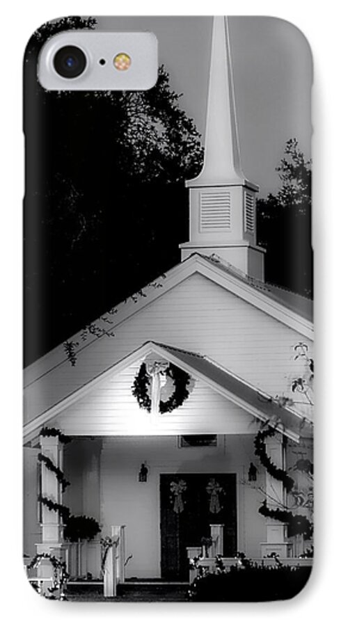 Church iPhone 7 Case featuring the photograph Little White Church BW by Debra Forand