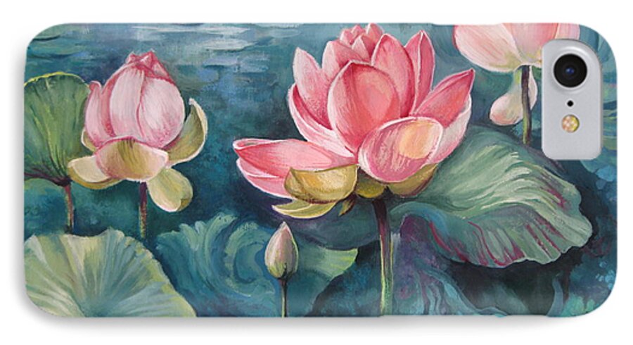 Lotus Flower iPhone 7 Case featuring the painting Lotus pond by Elena Oleniuc