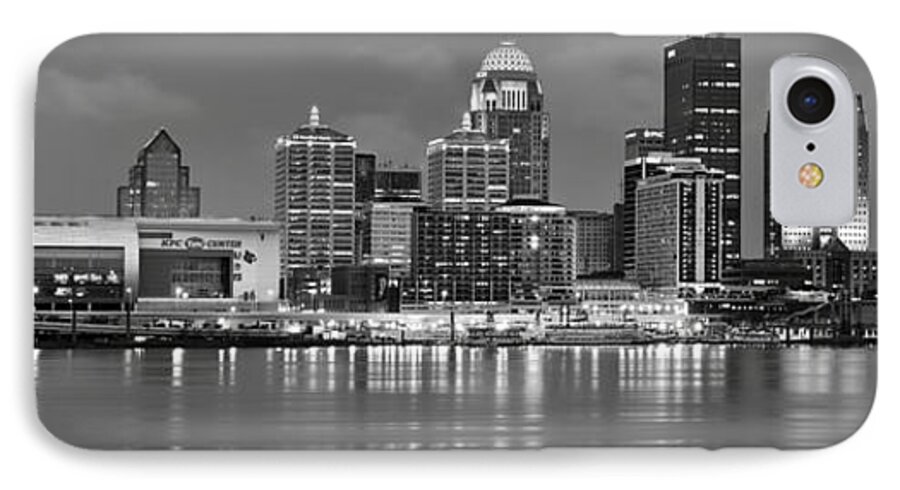 Louisville Skyline iPhone 7 Case featuring the photograph Louisville Skyline at Dusk Sunset BW Black and White Panorama Kentucky by Jon Holiday