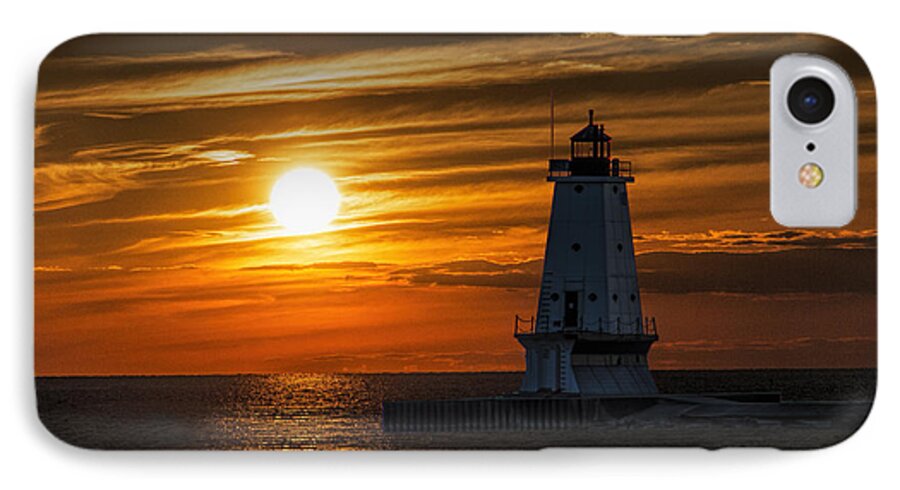 Art iPhone 7 Case featuring the photograph Ludington Pier Lighthead at Sunset by Randall Nyhof