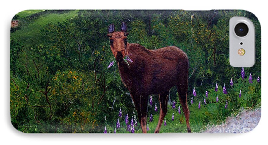 Barbara Griffin iPhone 7 Case featuring the painting Lupine Loving Moose by Barbara A Griffin
