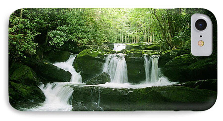 Green iPhone 7 Case featuring the painting Lynn Camp Prong Falls by Teri Atkins Brown