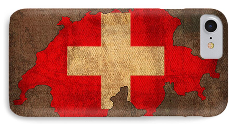 Map Of Switzerland With Flag Art On Distressed Worn Canvas iPhone 7 Case featuring the mixed media Map of Switzerland With Flag Art on Distressed Worn Canvas by Design Turnpike