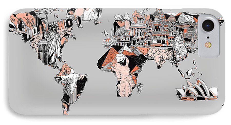 Map Of The World iPhone 7 Case featuring the painting Map Of The World Landmark Collage by Bekim M
