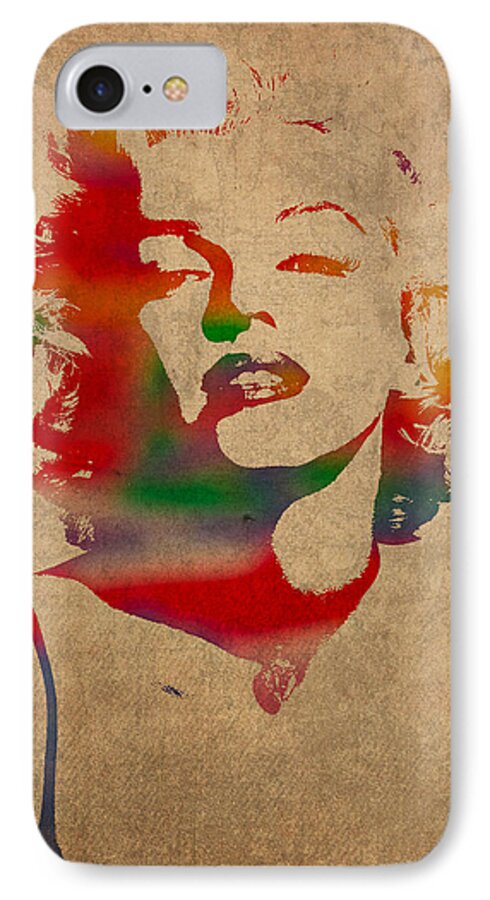 Marilyn Monroe iPhone 7 Case featuring the mixed media Marilyn Monroe Watercolor Portrait on Worn Distressed Canvas by Design Turnpike