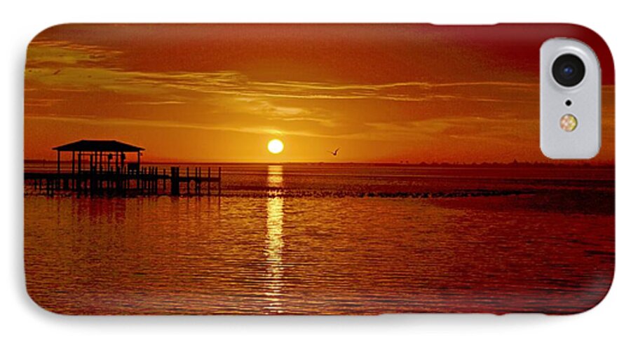 Landscape iPhone 7 Case featuring the photograph Mass Migration of Birds with Colorful Clouds at Sunrise on Santa Rosa Sound by Jeff at JSJ Photography