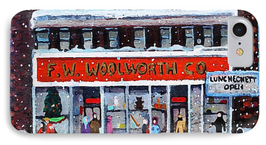 Landscape iPhone 7 Case featuring the painting Memories of Winter at Woolworth's by Rita Brown