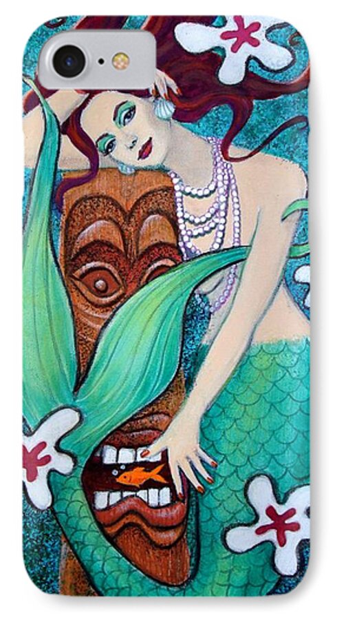 Mermaid iPhone 7 Case featuring the painting Mermaid's Tiki God by Sue Halstenberg