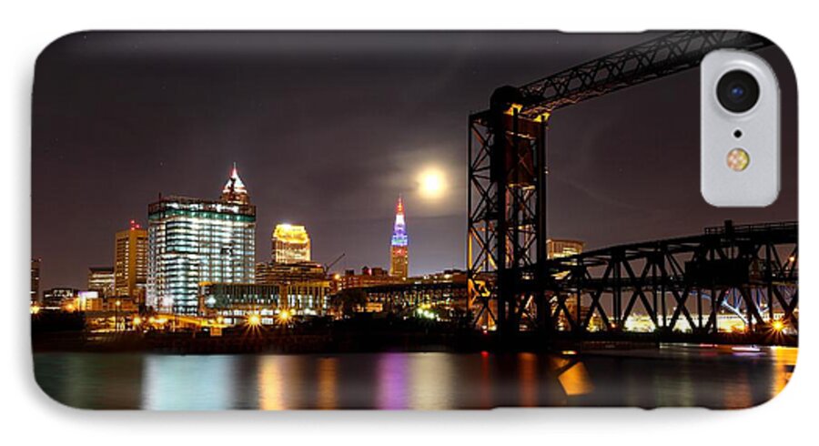 Cityscape iPhone 7 Case featuring the photograph Moon over Cleveland by Daniel Behm