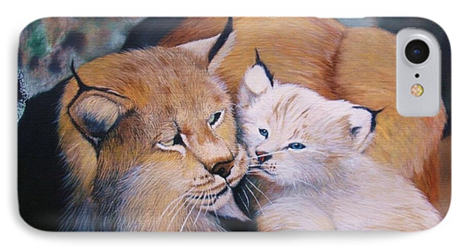 Cat iPhone 7 Case featuring the painting Mother and kitten bobcat by Jean Yves Crispo