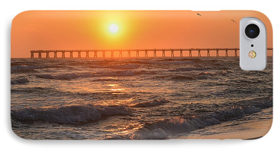 Navarre iPhone 7 Case featuring the photograph Navarre Beach and Pier Sunset Colors with Birds and Waves by Jeff at JSJ Photography