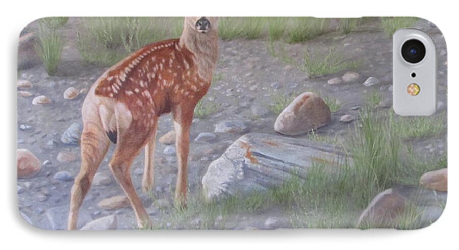 Mule Deer Fawn iPhone 7 Case featuring the painting New Beginnings 2 by Tammy Taylor