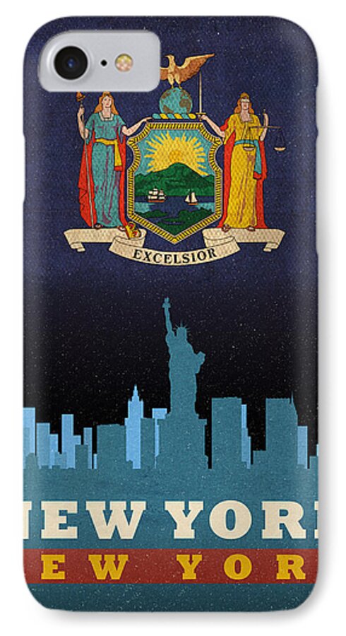 New York City iPhone 7 Case featuring the mixed media New York City Skyline State Flag of New York NYC Manhattan Art Poster Series 005 by Design Turnpike