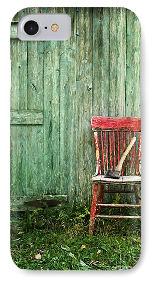 Chair iPhone 7 Case featuring the photograph Old red chair near a barn/digital oil painting by Sandra Cunningham
