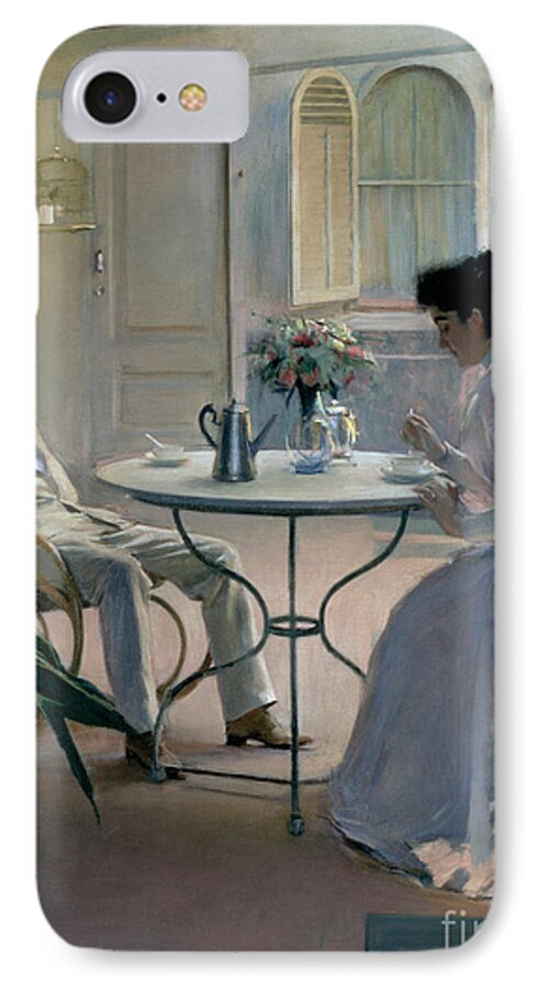 Coffee; Verandah; Terrace; Silver; Pot; Eating; Male; Female; Couple; Husband; Wife; Siesta; Shade; Catalan; Terrace iPhone 7 Case featuring the painting Open Air Interior Barcelona by Ramon Casas i Carbo