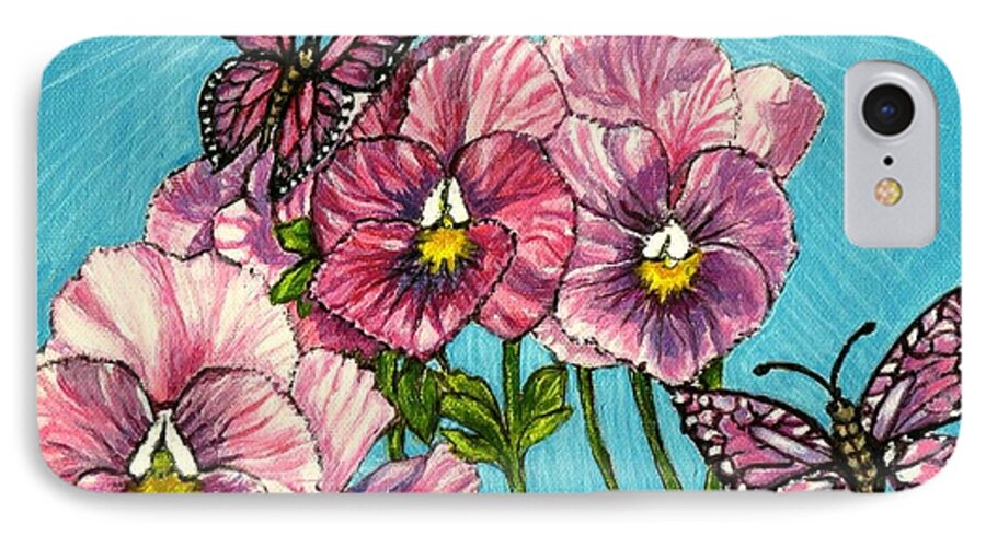 Nature Scene For Easter Pink Coral Petals Yellow With Touch Of Black On Flower Heads Pansies Like Pinwheels White Grayish Blue Sunlight Magical Whimsical Pink Butterflies Canvas Painting iPhone 7 Case featuring the painting Pansy Pinwheels and the Magical Butterflies by Kimberlee Baxter