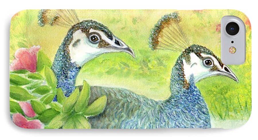 Peahens iPhone 7 Case featuring the painting Peahens Strolling in the Garden by Jeanne Juhos