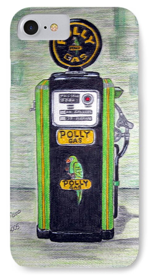 Parrot iPhone 7 Case featuring the painting Polly Gas Pump by Kathy Marrs Chandler