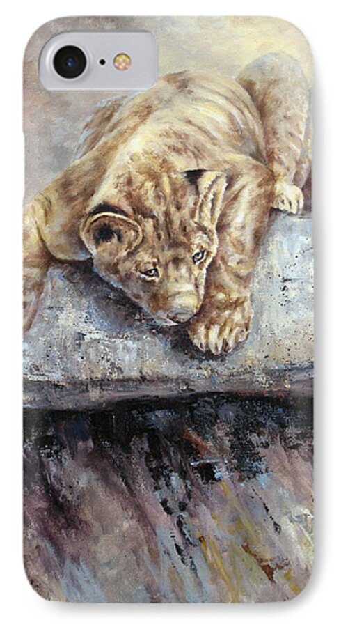 Lion Cub iPhone 7 Case featuring the painting Pounce by Mary McCullah