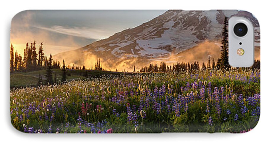 Mount Rainier iPhone 7 Case featuring the photograph Rainier Golden Light Sunset Meadows by Mike Reid