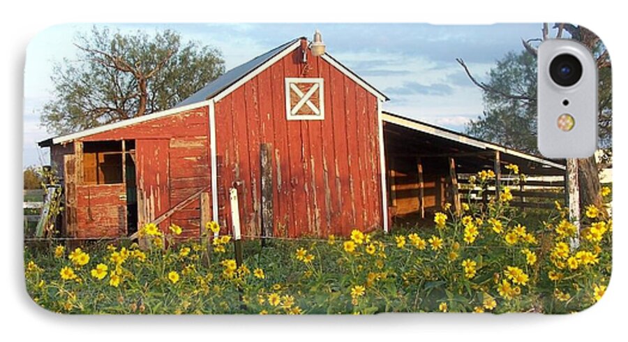 Red Barn iPhone 7 Case featuring the photograph Red Barn With Wild Sunflowers by Susan Williams