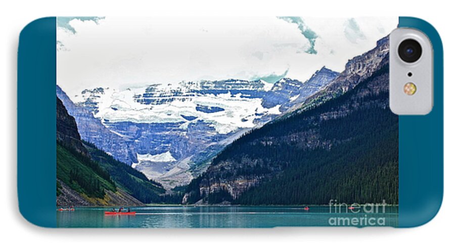 Lake Louise Alberta Red iPhone 7 Case featuring the photograph Red Canoes Turquoise Water by Linda Bianic